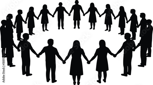 Silhouette, community, unity, teamwork, diversity, people, circle, holding hands, cooperation, togetherness, support, connection,