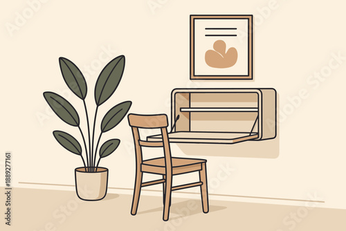 Wall-mounted desk with chair and plant in simple indoor setting during daytime