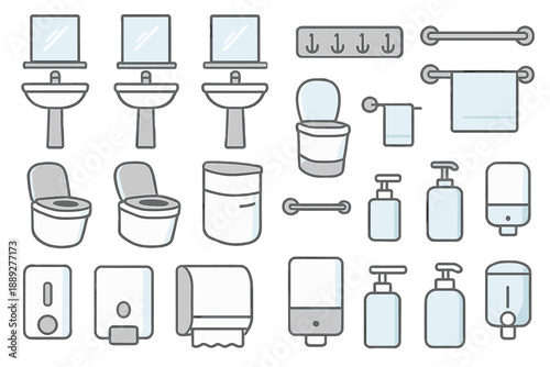 Bathroom fixtures and accessories displayed in a simple layout for design and functionality reference