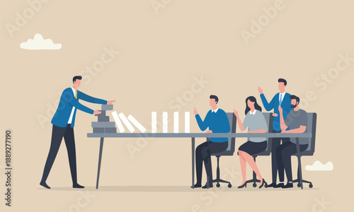 Reliability, trustworthy books problem, trust or work responsible, supported partner concept, reliable businessman leader protect domino from collapse on colleagu