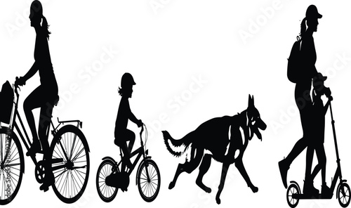 Silhouette, outdoor movement, bicycle ride, kick scooter, child biking, dog running, family activity, backpack, motion, recreation, black design, fun