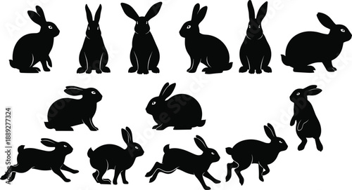Silhouette, rabbit poses, bunny actions, sitting, standing, running, crouching, animal behavior, black design, wildlife, pet, nature, cute, ears