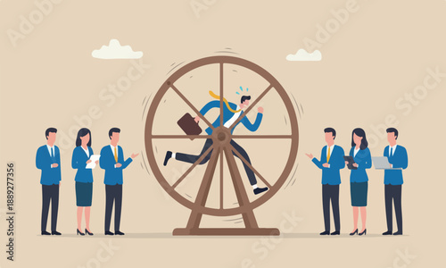 Office salary together overwork, inefficient or work hard trap that never finish concept, frustrated businessman in hurry running in rat race wheel