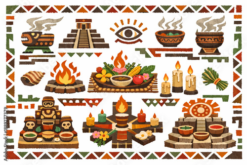Mayan ceremonial icon set in vector style