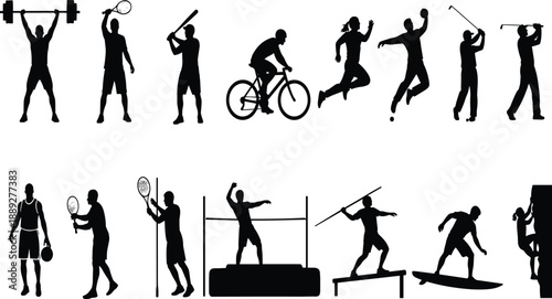 Silhouette, sports activity, fitness, tennis, basketball, surfing, cycling, football, weightlifting, javelin, climbing, running, teamwork, motion, black design