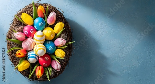 Easter eggs and tulips in a beautiful easter basket decoration