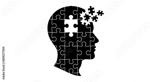 Human Head Silhouette with Missing Puzzle Pieces Representing Problem Solving and Mentality on Isolated White Background