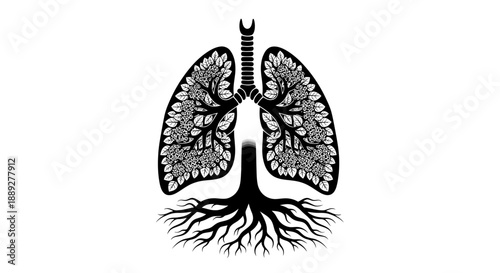 Human Lungs with Tree Roots and Branches in Organic Design on Isolated White Background
