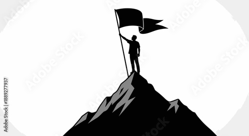 Person standing on mountain top with flag, success achievement concept, isolated white background.