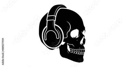 Skull wearing headphones, side profile, music listening concept, isolated white background.