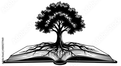 Ancient Tree with Roots Spreading from an Open Book Symbolizing Knowledge and Growth, isolated white background