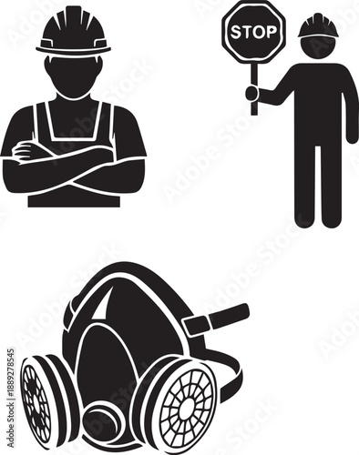 Construction worker stop sign holder and gas mask silhouette icons