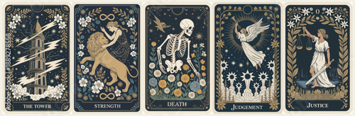 Five vintage-style tarot cards with dark blue and gold mystical illustrations, featuring The Tower, Strength, Death, Judgement, and Justice, arranged horizontally.