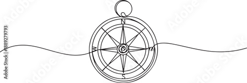 One continuous line drawing of traveller compass, Continuous Line Drawing of Compass Icon. one line Art icon drawing vector