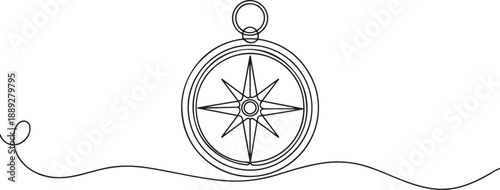 One continuous line drawing of traveller compass, Continuous Line Drawing of Compass Icon. one line Art icon drawing vector