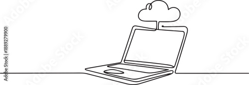 Laptop computer with cloud icon, Digital technologies. one line Art icon drawing vector