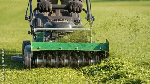 Gardener mowing green grass field with lawn mower, cutting grass clippings flying