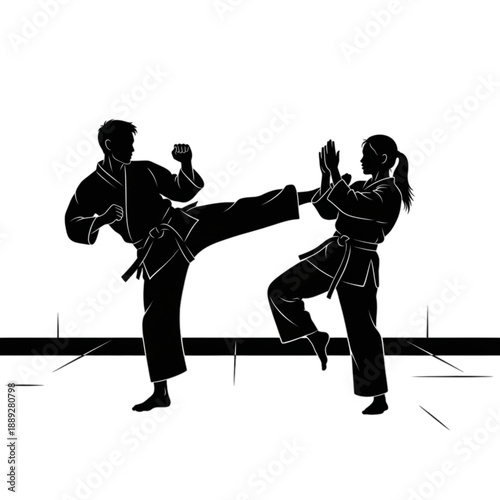 Two people practicing martial arts kicks Isolated On Transparent Background.