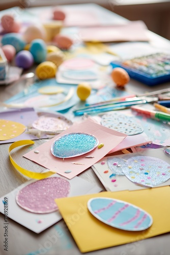 Handmade Easter cards, egg cutouts, glitter, ribbons and glue scattered on crafting table in bright workspace. Playful creative spring activity scene with holiday charm and childhood vibes.