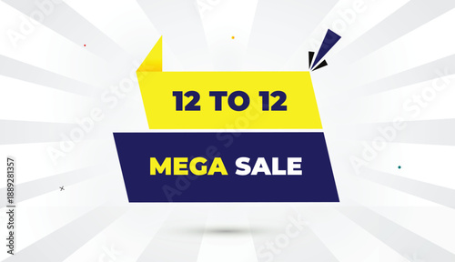 12 to 12 mega sale web banner editable eps format vector art illustration template design deep blue yellow shapes bold font white gray gradient abstract sun shine business background 4k illustration d
