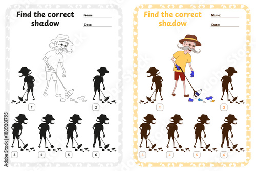 Find the Shadow Worksheet. Senior Man Cleaning Trash
