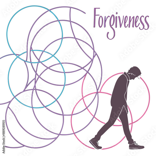 Man walking away from colorful tangled circles with forgiveness concept