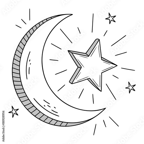 Crescent moon shining brightly with starry night sky