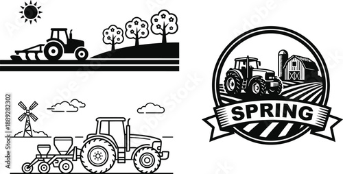 Farm landscape with tractor in spring vector