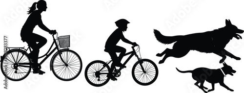 Family cycling with dogs silhouette isolated on white background outdoor fitness lifestyle activity fun togetherness illustration concept