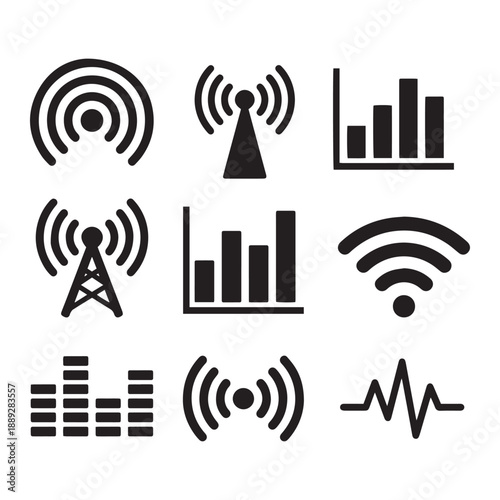 Wireless Communication and Broadcasting Icons Set in Minimalist Vector Style.