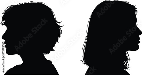 Male and female face profile silhouette isolated on white background contrast identity relationship psychology illustration concept