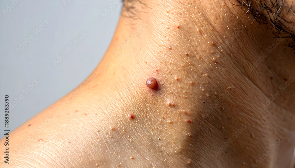 Fototapeta premium Person's neck showing multiple skin tags and moles