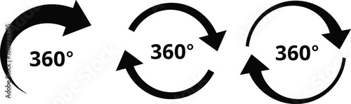 360 degree rotation arrow icons set showing circular refresh and loop symbols, black vector direction graphics for interface navigation, process flow, loading, and infographic design concepts