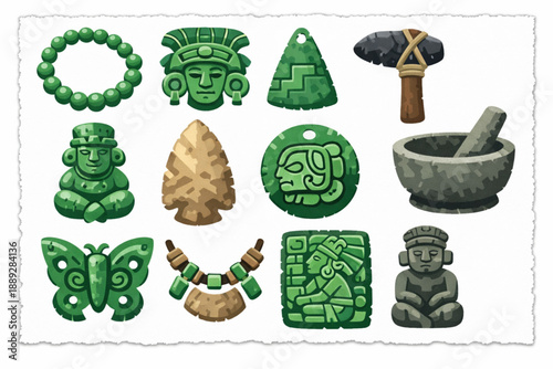 Guatemalan jade and stonework icon set in vector style