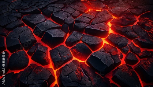 Coal Background With Red Lava Gaps Between The Stones Mainers Underground With Atmospheric Light Red Lava Cracks And Rocks