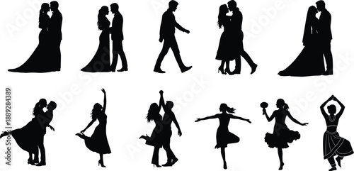 Black silhouette illustration of dancing couples and romantic poses, wedding love scenes, graceful movement art isolated on white background, modern vector style