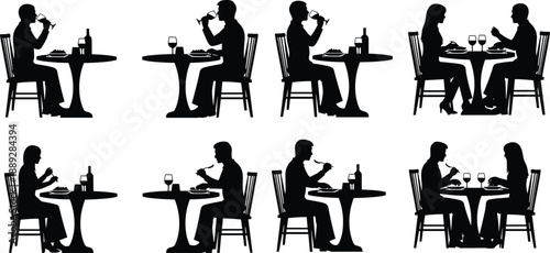 Black silhouette illustration of people dining at restaurant tables, couples drinking wine, eating meals, social interaction scenes isolated on white background
