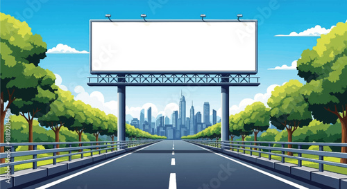 A highway with a large billboard on a metal frame in the middle of the road, surrounded by green trees and a cityscape in the distance