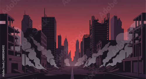 Cityscape Illustration of Urban Landscape with Smoke Rising in the Evening