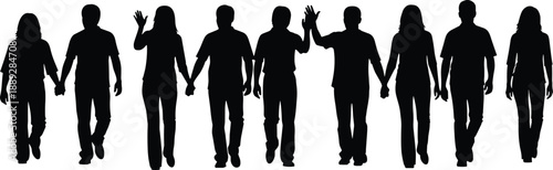 Group of people holding hands silhouette illustration, unity teamwork friendship walking together isolated on white background social concept