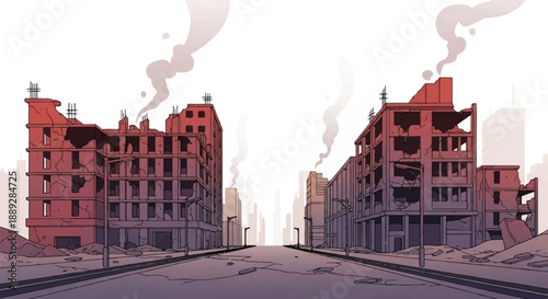 Abandoned buildings line a desolate street in a post-apocalyptic urban landscape viewed from the road