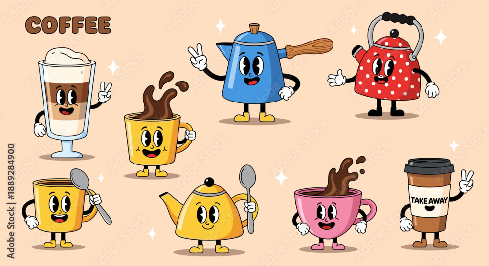 Fototapeta premium Retro Coffee Cartoon Characters