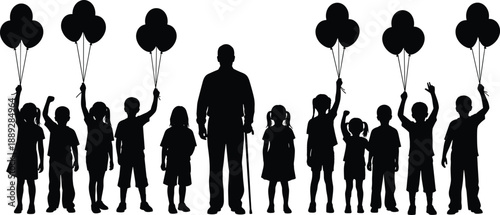 Senior man with children holding balloons silhouette representing generations, aging wisdom, childhood joy, family bonding concept on white background illustration