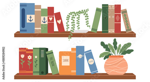 Cozy Bookshelf Scene: Books and Plants Illustration