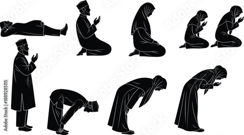 Muslim prayer positions silhouette set showing Islamic salah movements, men and women worship poses, religious spiritual ritual illustrations isolated on white background
