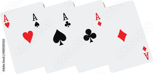Playing card aces set showing hearts, spades, clubs, and diamonds in overlapping arrangement, casino poker symbols illustration for gambling games, luck concepts, and card game design
