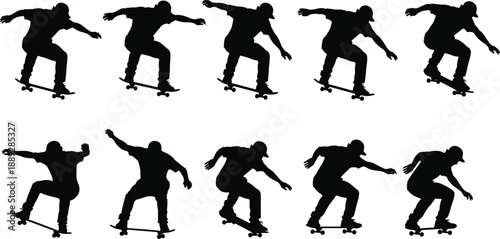 Skateboarder silhouette action sequence showing street skate tricks and jumps, black vector urban sports figures set for youth culture, motion graphics, and extreme lifestyle design concepts