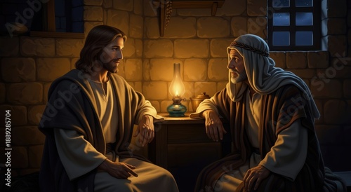 Jesus Christ talking with Nicodemus at night by oil lamp light. Biblical scene of the Pharisee visiting the Messiah for spiritual conversation. Gospel story illustration