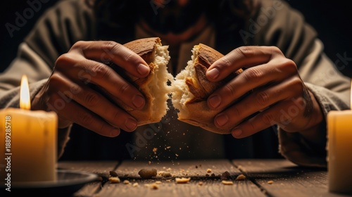 Close up of hands breaking a loaf of bread. Jesus Christ breaking bread at the Last Supper. Religious communion and Eucharist concept. Biblical scene with candlelight on a wooden table