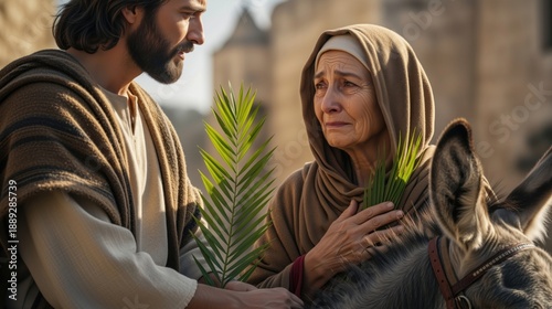 Jesus Christ on Palm Sunday holding a palm frond with an emotional woman. Biblical scene of the triumphal entry into Jerusalem with a donkey. Religious depiction of faith and devotion